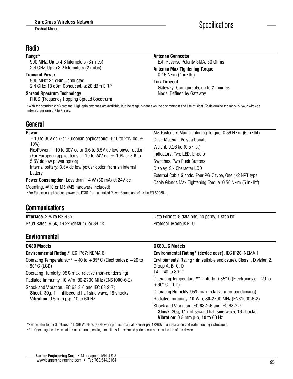 Specifications, Radio, General | Communications, Environmental | Banner SureCross DX80 Wireless Networks User Manual | Page 95 / 114