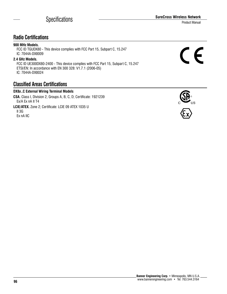 Specifications | Banner SureCross DX80 Wireless Networks User Manual | Page 96 / 114