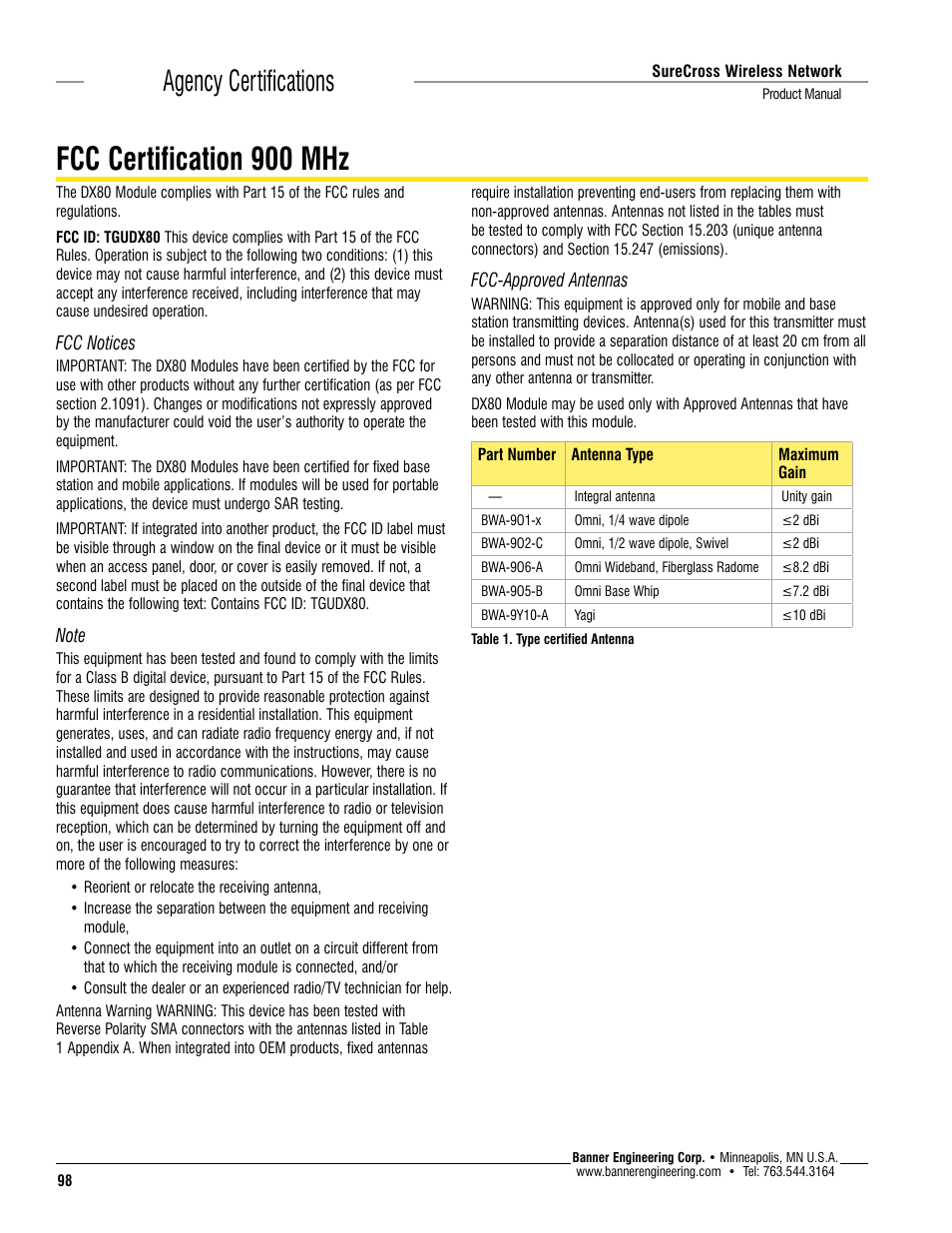 Fcc certification 900 mhz, Agency certifications | Banner SureCross DX80 Wireless Networks User Manual | Page 98 / 114