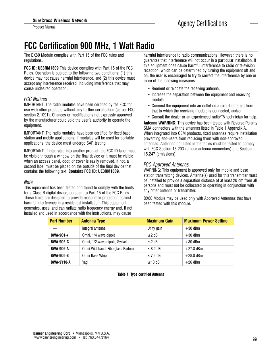 Fcc certification 900 mhz, 1 watt radio, Agency certifications | Banner SureCross DX80 Wireless Networks User Manual | Page 99 / 114