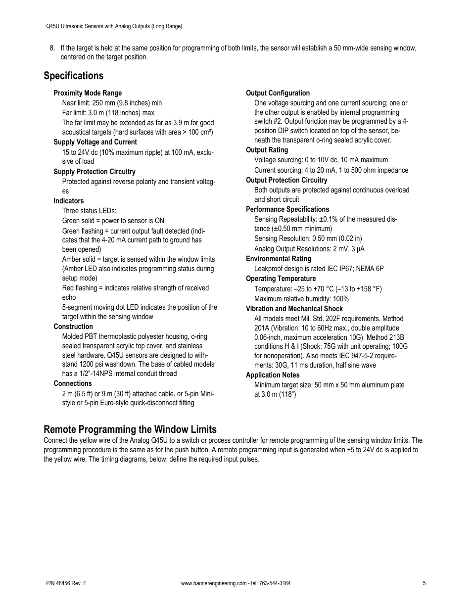 Specifications, Remote programming the window limits | Banner U-GAGE Q45U Series—Analog User Manual | Page 5 / 9