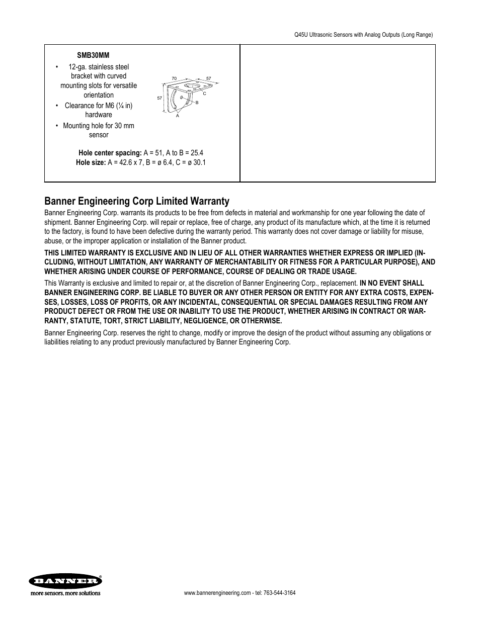 Banner engineering corp limited warranty | Banner U-GAGE Q45U Series—Analog User Manual | Page 9 / 9