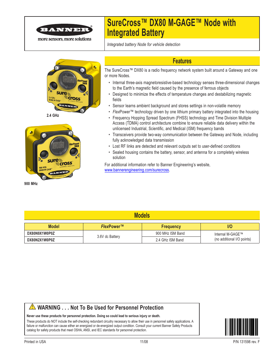 Banner SureCross DX80 Wireless M-GAGE Node User Manual | 16 pages