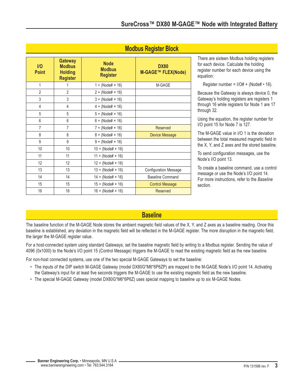 Modbus register block baseline | Banner SureCross DX80 Wireless M-GAGE Node User Manual | Page 3 / 16