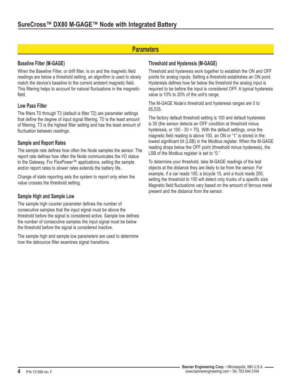 Parameters | Banner SureCross DX80 Wireless M-GAGE Node User Manual | Page 4 / 16