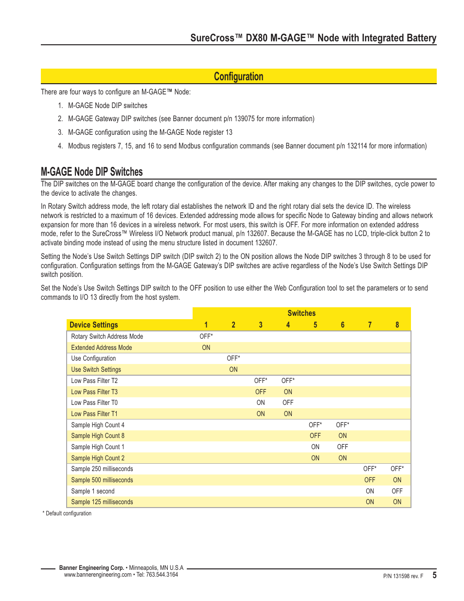 Configuration, M-gage node dip switches | Banner SureCross DX80 Wireless M-GAGE Node User Manual | Page 5 / 16