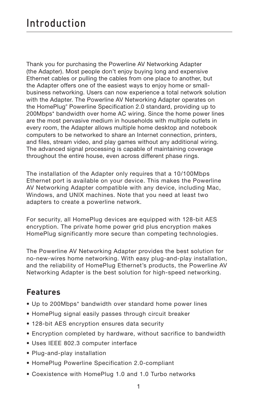 Introduction, Features | Belkin Powerline AV Networking Adapter F5D4074 User Manual | Page 3 / 12