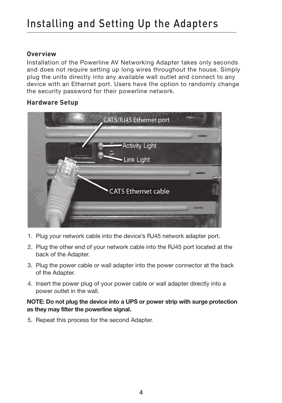 Installing and setting up the adapters | Belkin Powerline AV Networking Adapter F5D4074 User Manual | Page 6 / 12