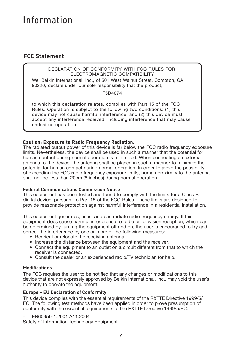 Information, Fcc statement | Belkin Powerline AV Networking Adapter F5D4074 User Manual | Page 9 / 12