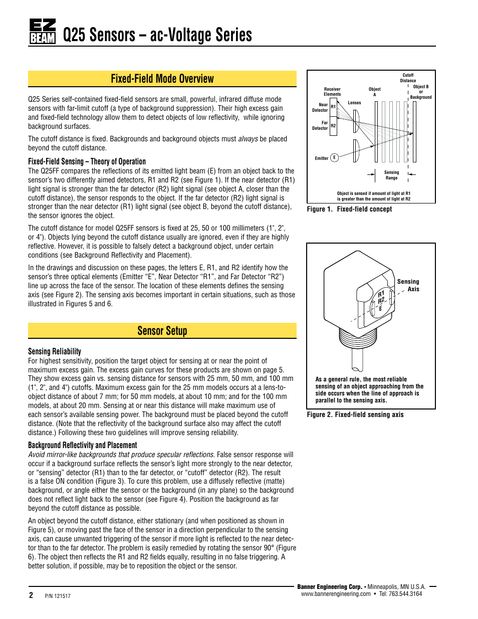 Q25 sensors – ac-voltage series, Fixed-field mode overview, Sensor setup | Fixed-field sensing – theory of operation, Sensing reliability, Background reflectivity and placement | Banner Q25 Series User Manual | Page 2 / 7