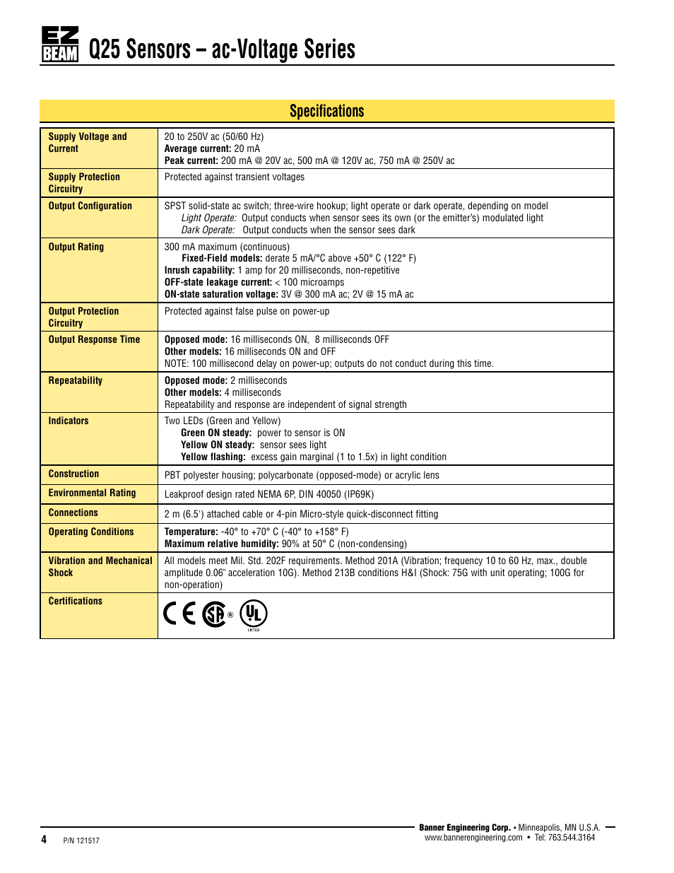 Q25 sensors – ac-voltage series, Specifications | Banner Q25 Series User Manual | Page 4 / 7