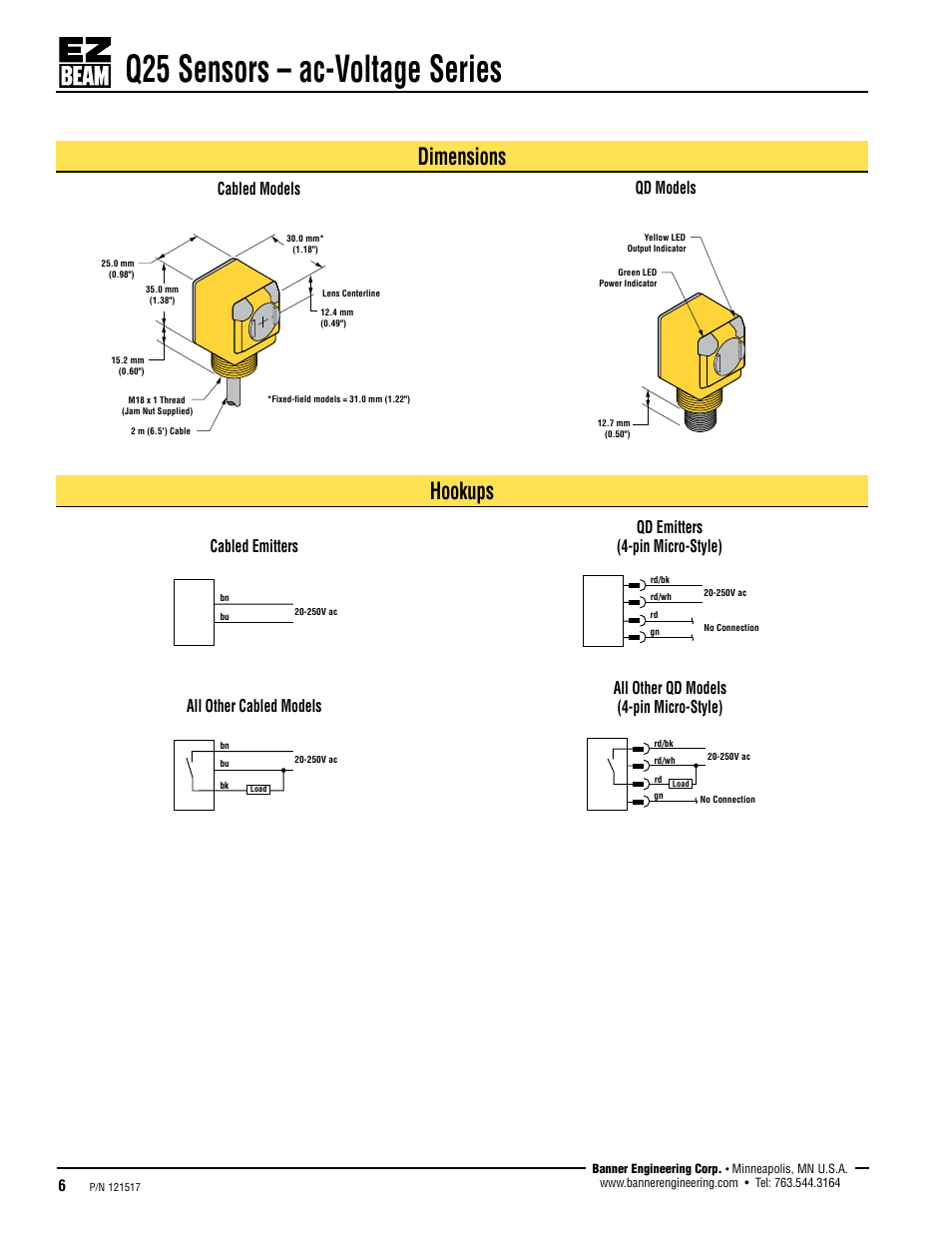 Q25 sensors – ac-voltage series, Dimensions, Hookups | Cabled models qd models cabled emitters | Banner Q25 Series User Manual | Page 6 / 7