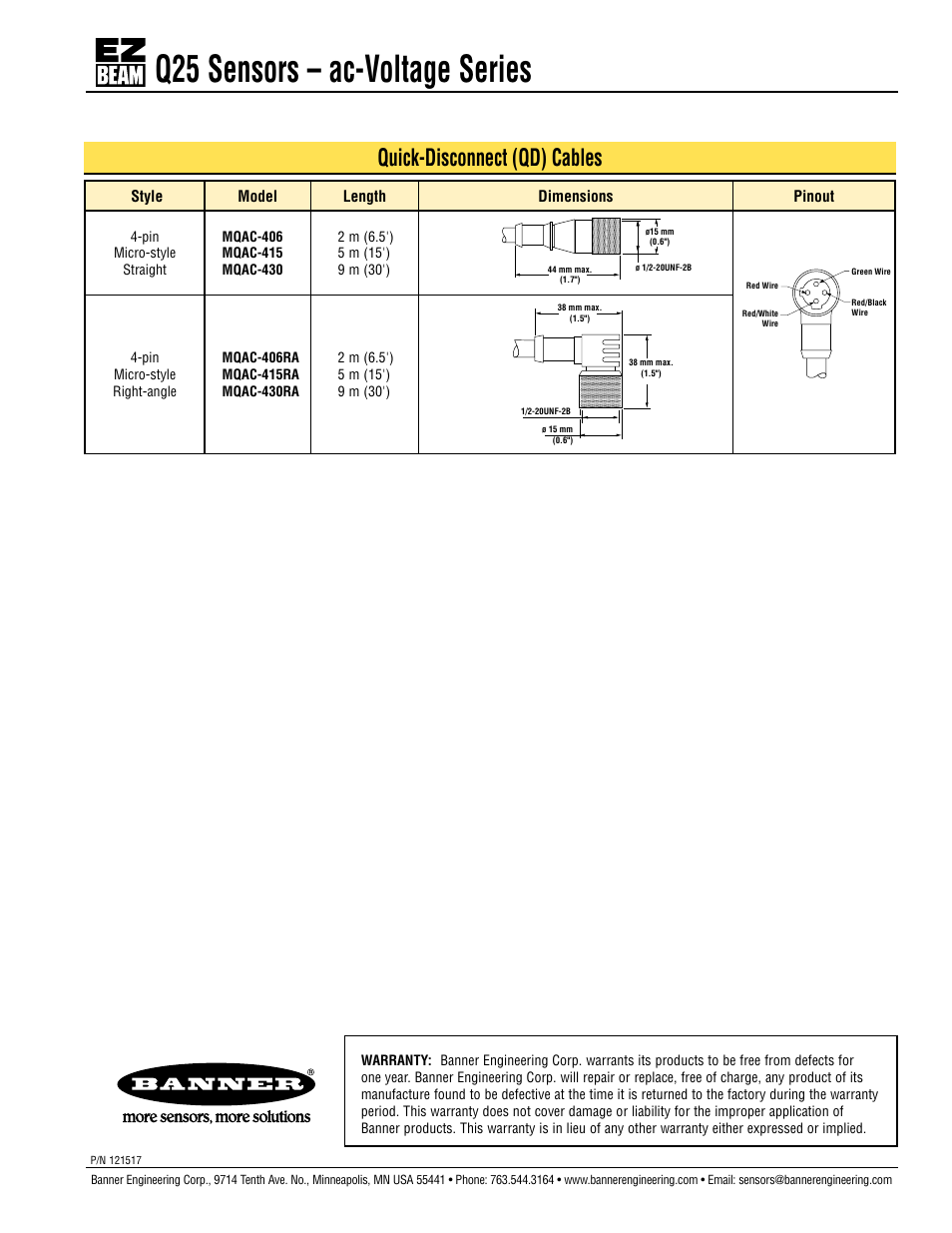 Q25 sensors – ac-voltage series, Quick-disconnect (qd) cables | Banner Q25 Series User Manual | Page 7 / 7