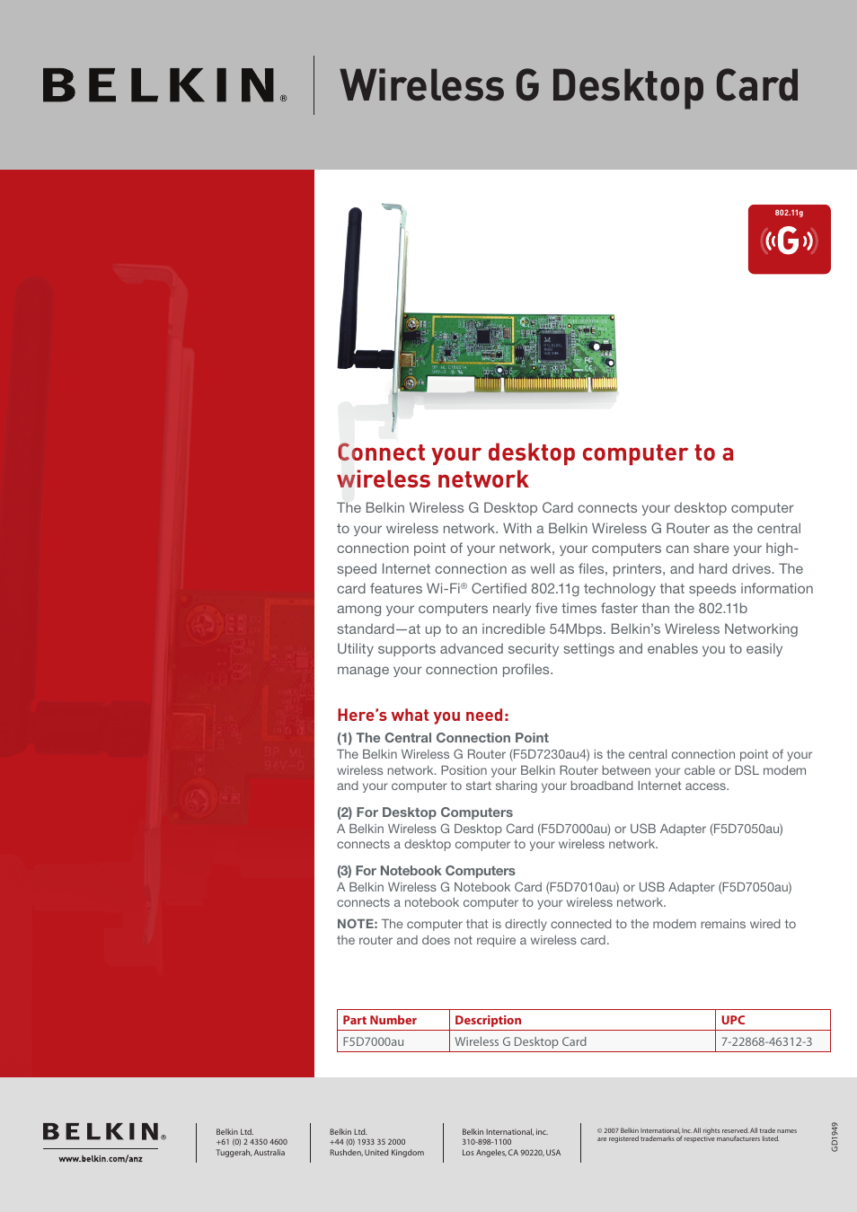 Belkin F5D7000AU User Manual | 2 pages