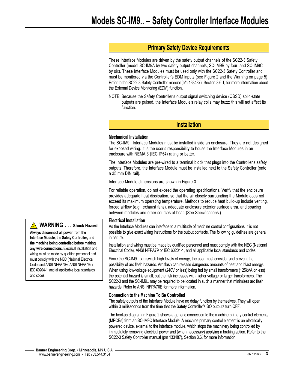 Primary safety device requirements, Installation | Banner Interface Modules User Manual | Page 3 / 8