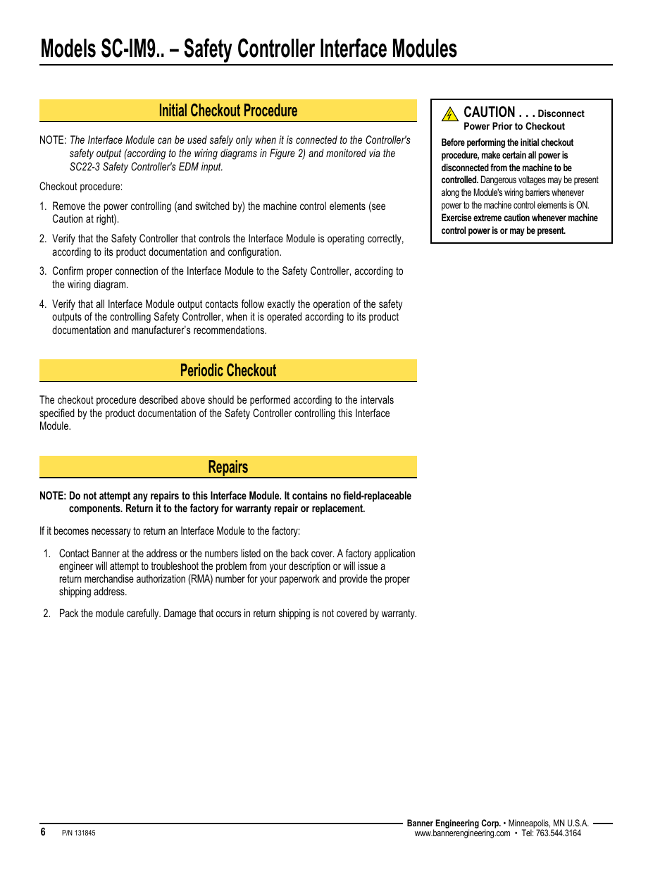 Initial checkout procedure, Periodic checkout, Repairs | Banner Interface Modules User Manual | Page 6 / 8