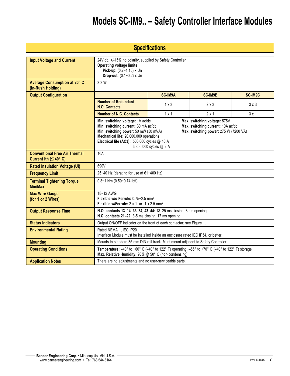 Specifications | Banner Interface Modules User Manual | Page 7 / 8