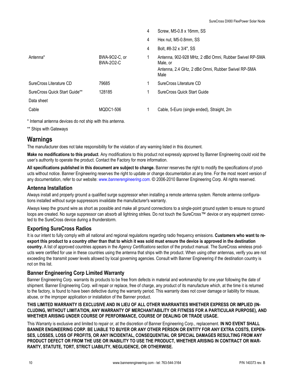 Warnings | Banner SureCross DX80 Wireless Networks User Manual | Page 10 / 11