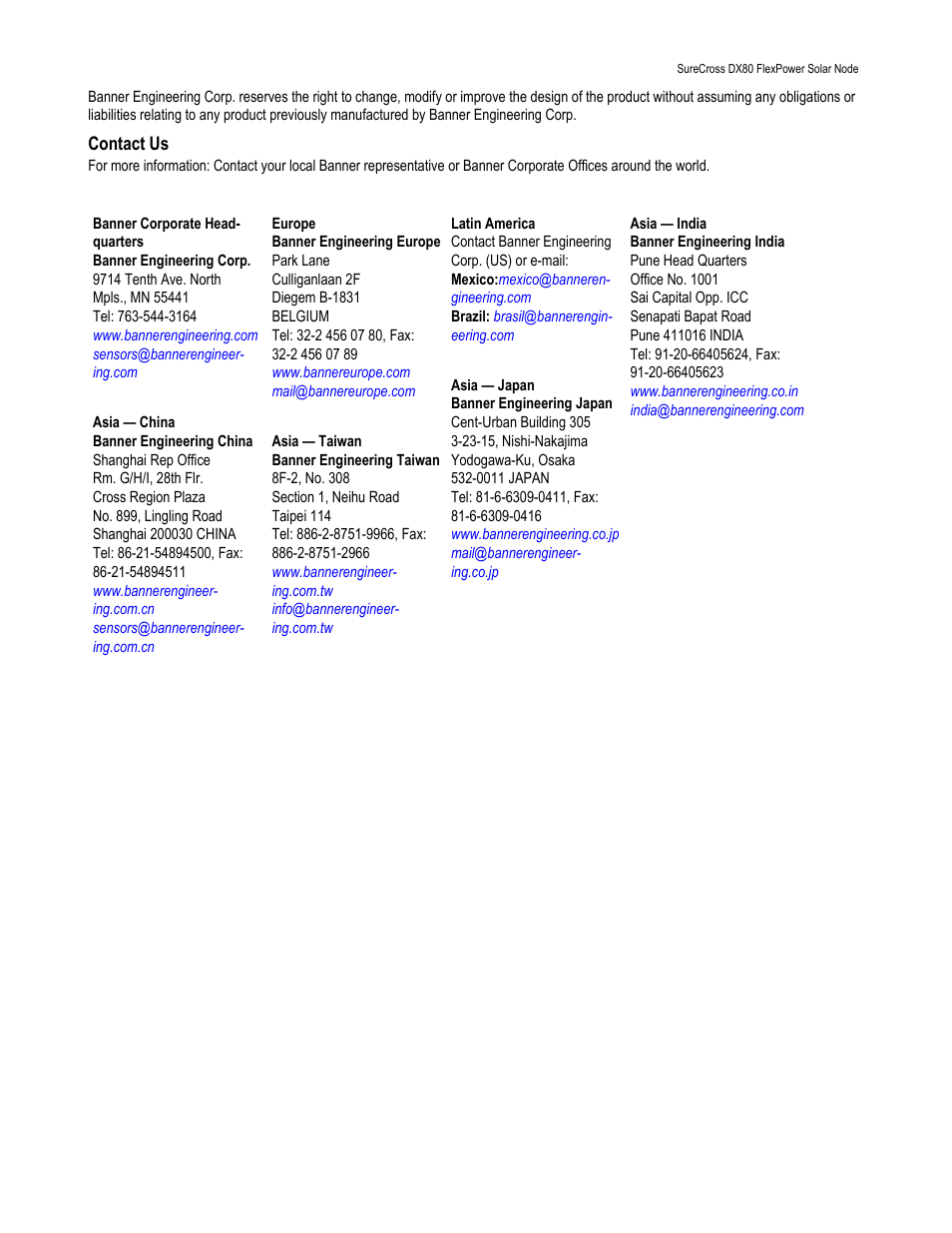 Contact us | Banner SureCross DX80 Wireless Networks User Manual | Page 11 / 11