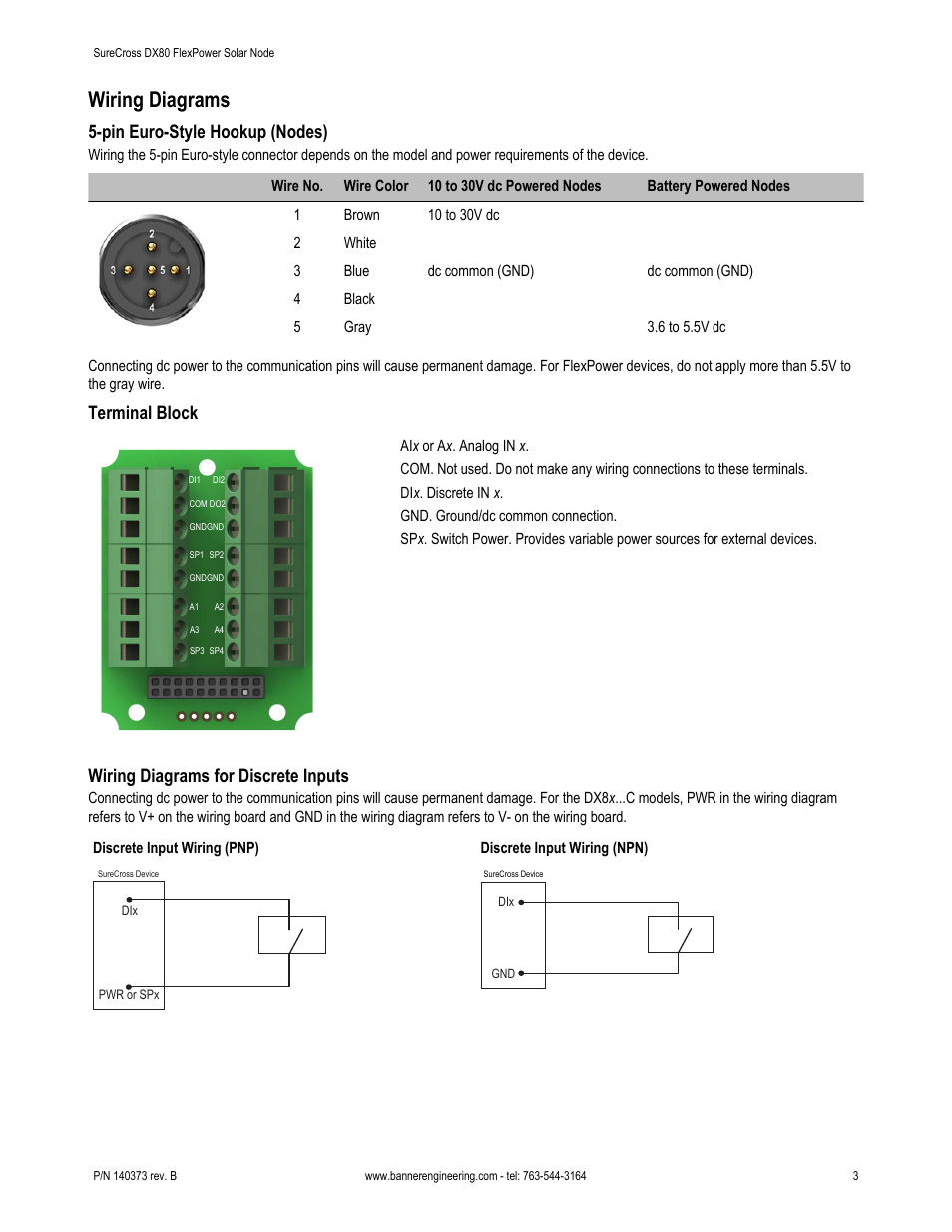 Wiring diagrams, Pin euro-style hookup (nodes), Terminal block | Wiring diagrams for discrete inputs | Banner SureCross DX80 Wireless Networks User Manual | Page 3 / 11
