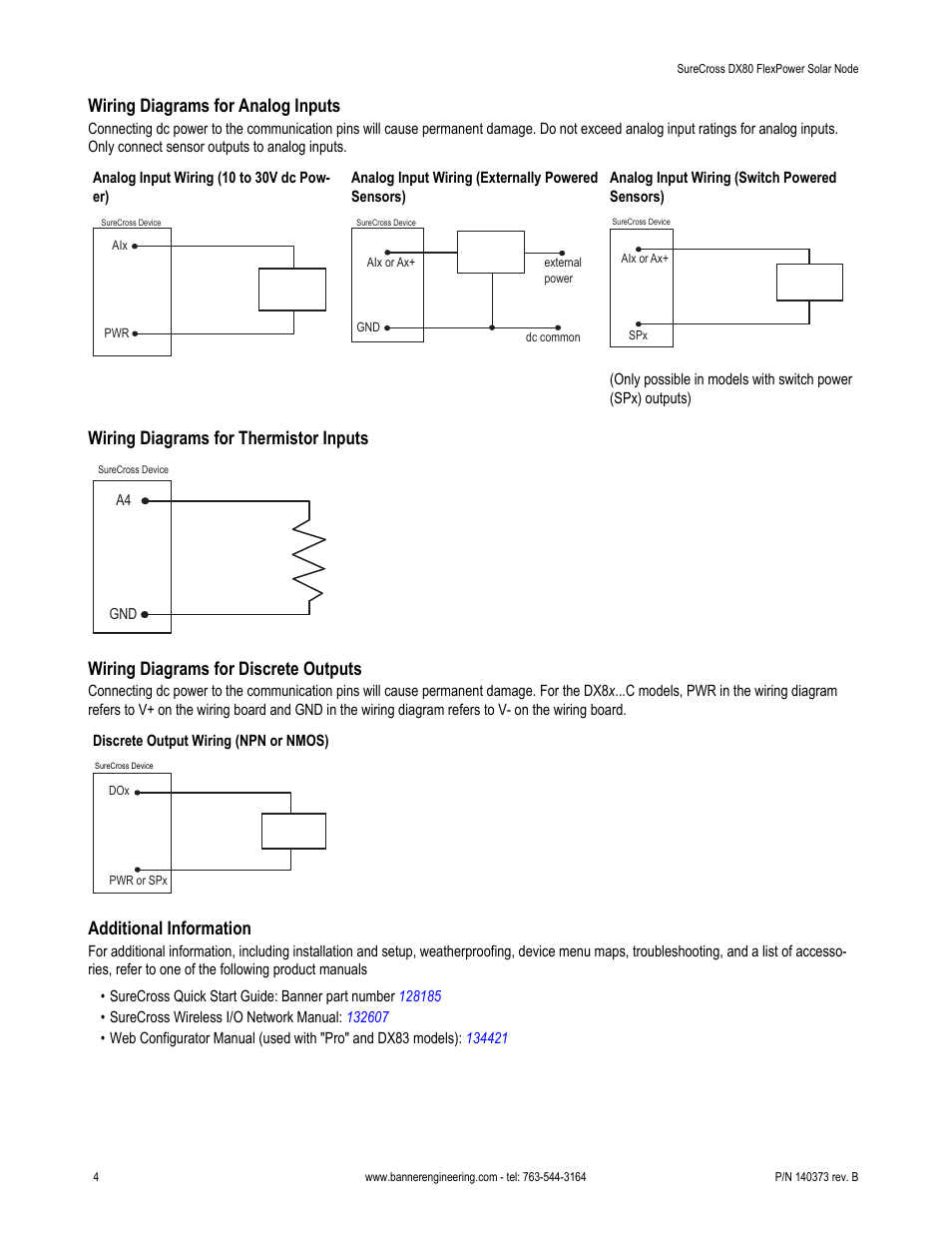 Wiring diagrams for analog inputs, Wiring diagrams for thermistor inputs, Wiring diagrams for discrete outputs | Additional information | Banner SureCross DX80 Wireless Networks User Manual | Page 4 / 11