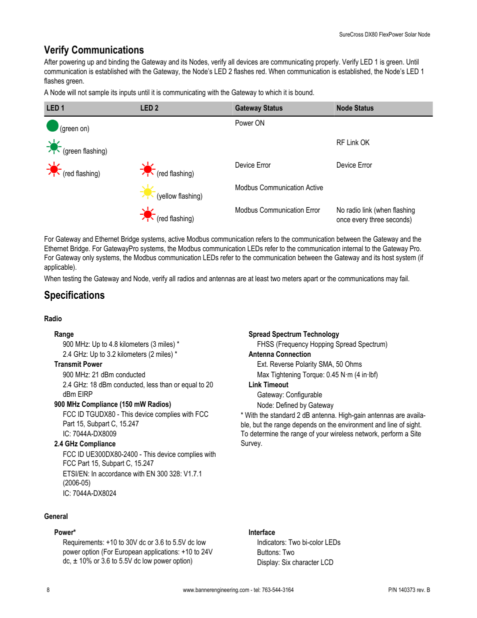 Verify communications, Specifications | Banner SureCross DX80 Wireless Networks User Manual | Page 8 / 11