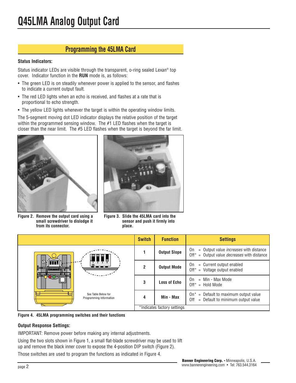 Q45lma analog output card, Programming the 45lma card | Banner U-GAGE Q45U Series—Analog User Manual | Page 2 / 4