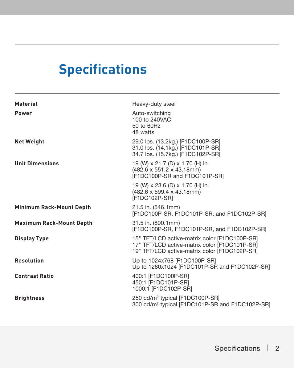 Specifications, Specifications 2 | Belkin F1DC100P-SR User Manual | Page 2 / 10