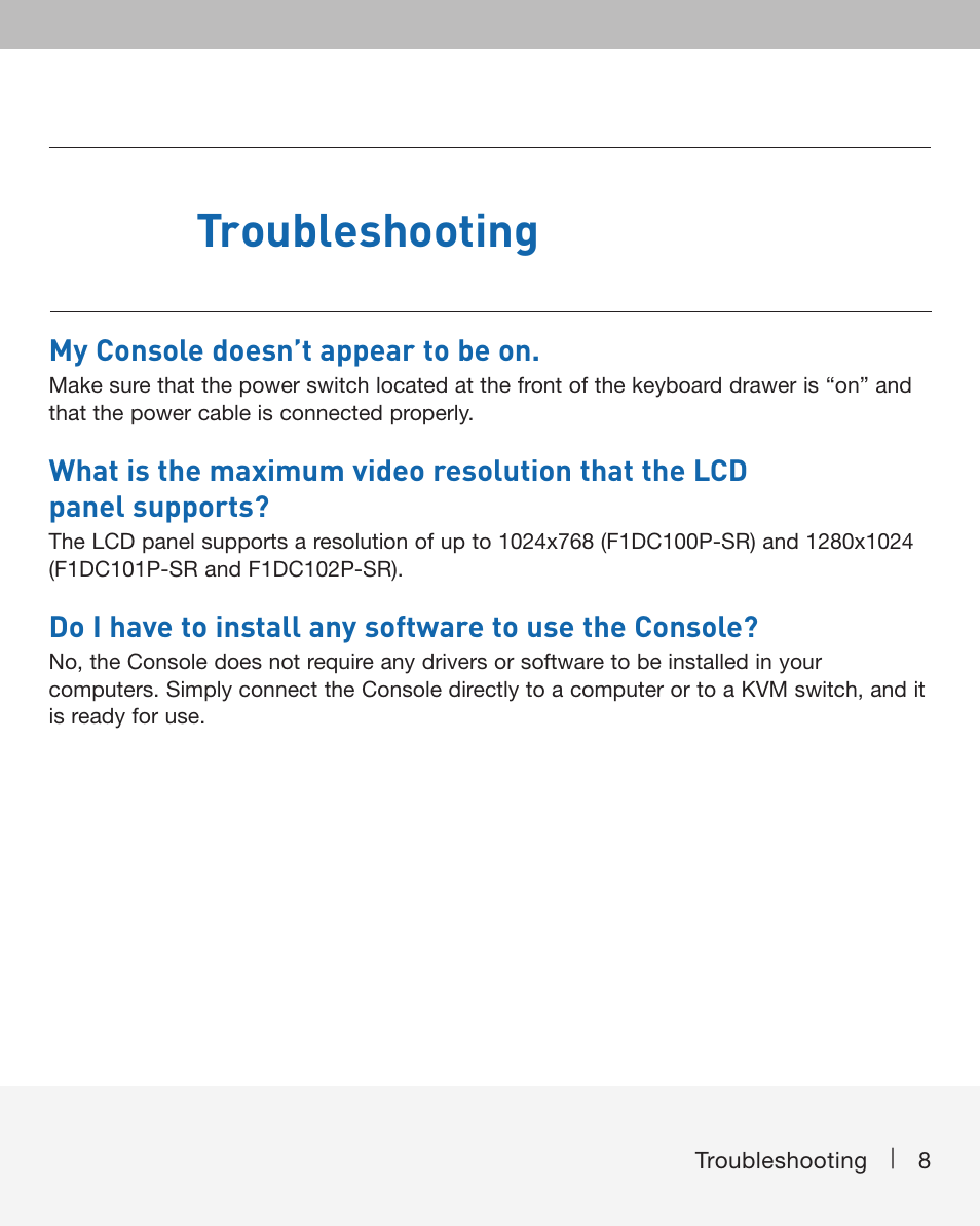 Troubleshooting | Belkin F1DC100P-SR User Manual | Page 8 / 10