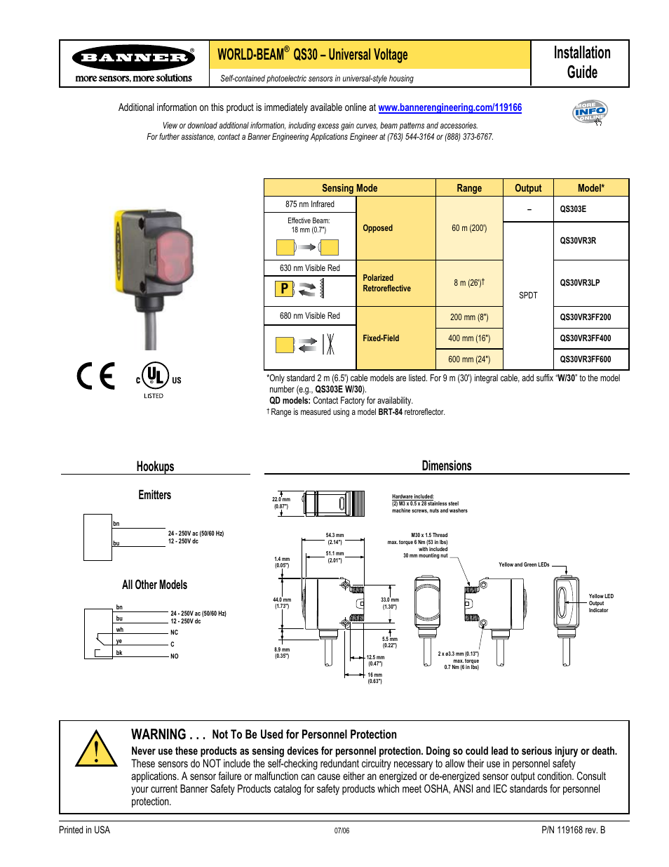 Banner WORLD-BEAM QS30 Series User Manual | 2 pages