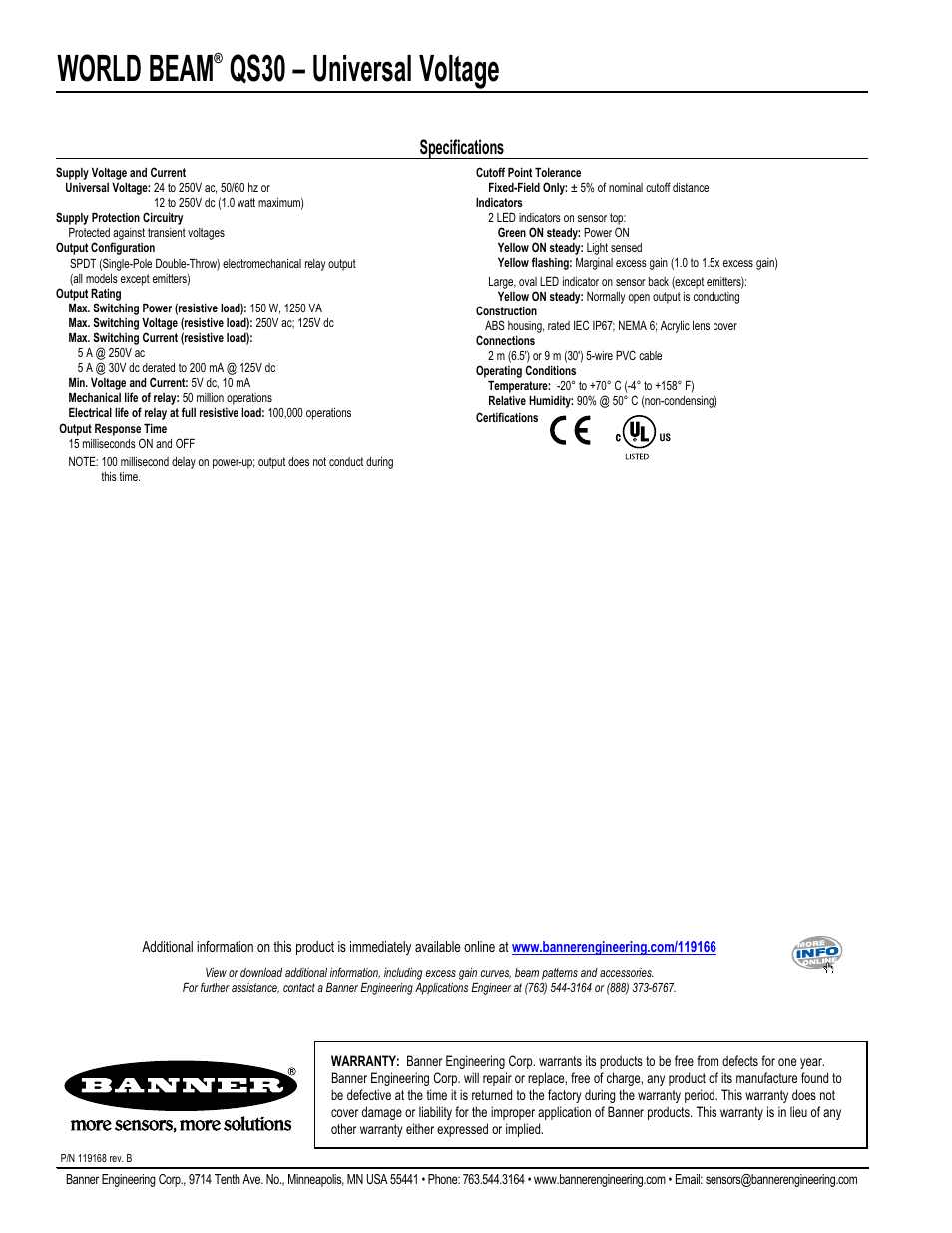 World beam, Qs30 – universal voltage, Specifications | Banner WORLD-BEAM QS30 Series User Manual | Page 2 / 2