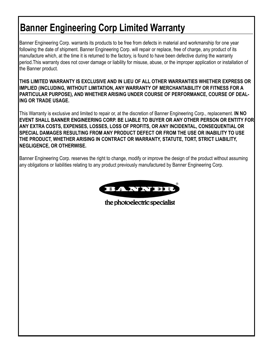 Banner engineering corp limited warranty | Banner LTB OPTO-TOUCH Optical Touch Buttons User Manual | Page 6 / 6