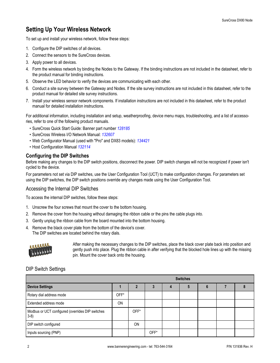 Setting up your wireless network, Configuring the dip switches, Accessing the internal dip switches | Dip switch settings | Banner SureCross DX80 Wireless Networks User Manual | Page 2 / 9