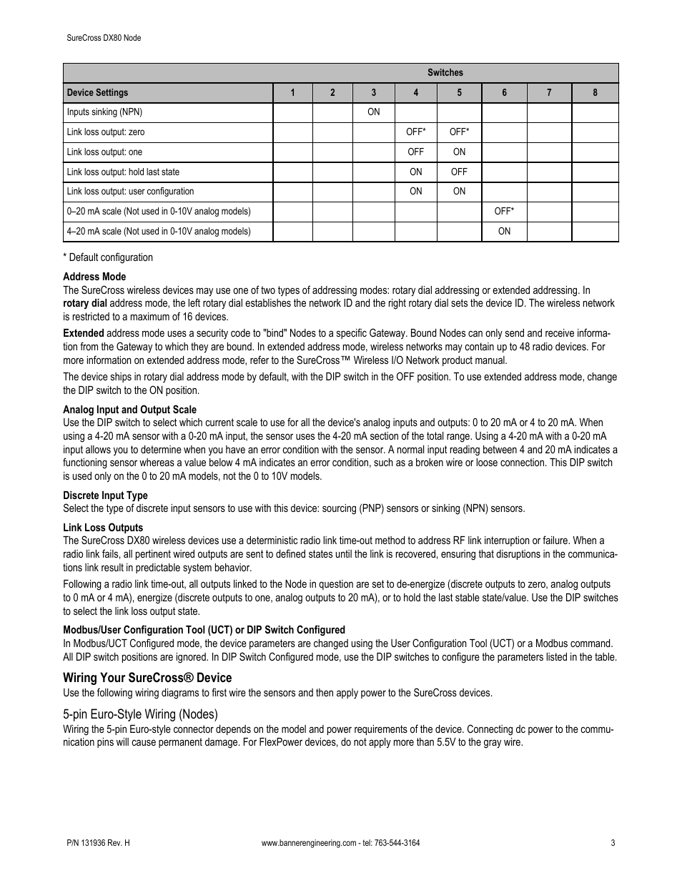 Wiring your surecross® device, Pin euro-style wiring (nodes) | Banner SureCross DX80 Wireless Networks User Manual | Page 3 / 9