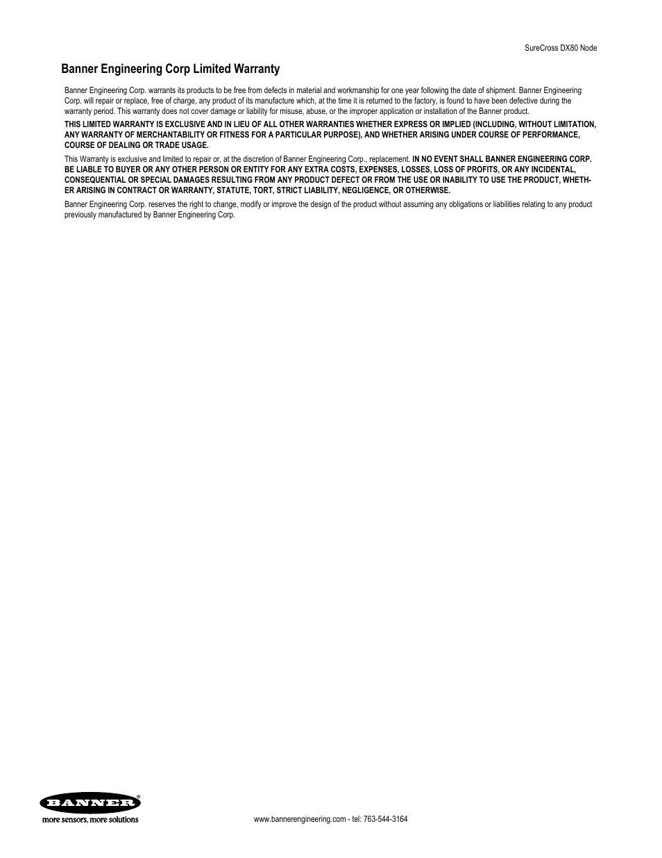 Banner engineering corp limited warranty | Banner SureCross DX80 Wireless Networks User Manual | Page 9 / 9