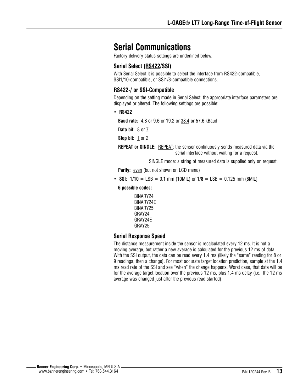 Serial communications | Banner L-GAGE LT7 Series User Manual | Page 13 / 24