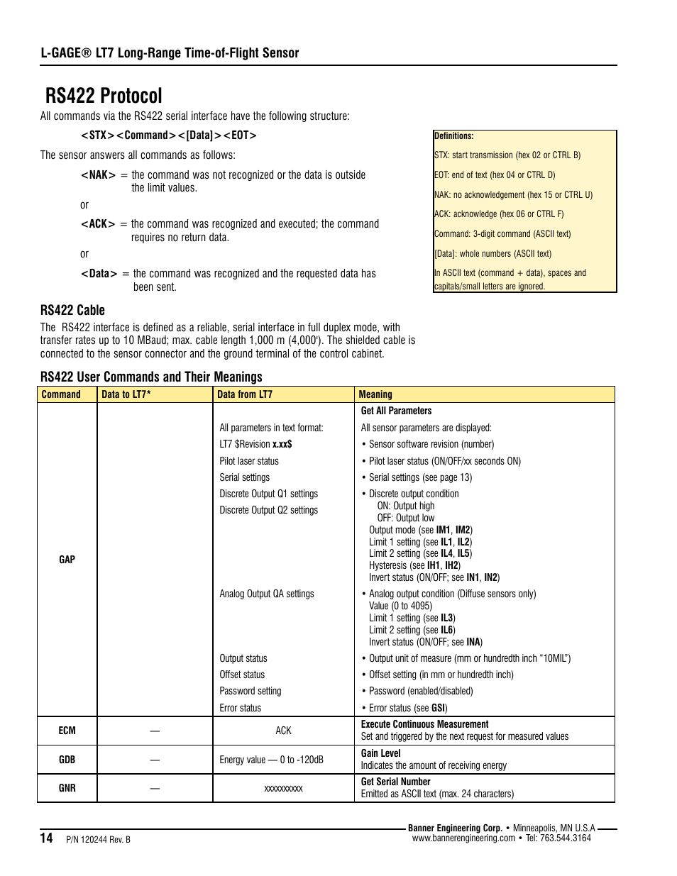 Rs422 protocol, Rs422 cable, Rs422 user commands and their meanings | L-gage® lt7 long-range time-of-flight sensor | Banner L-GAGE LT7 Series User Manual | Page 14 / 24