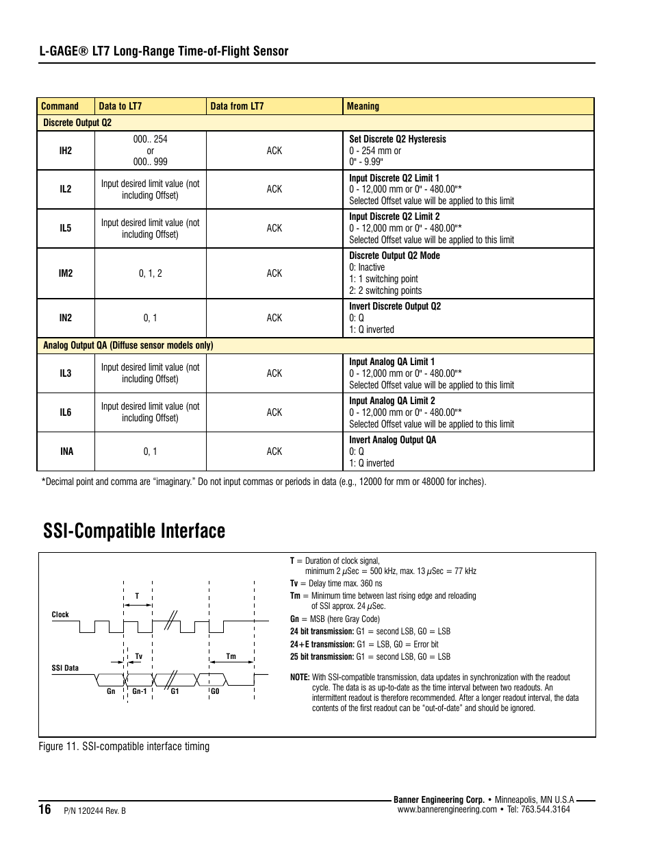 Ssi-compatible interface, L-gage® lt7 long-range time-of-flight sensor | Banner L-GAGE LT7 Series User Manual | Page 16 / 24