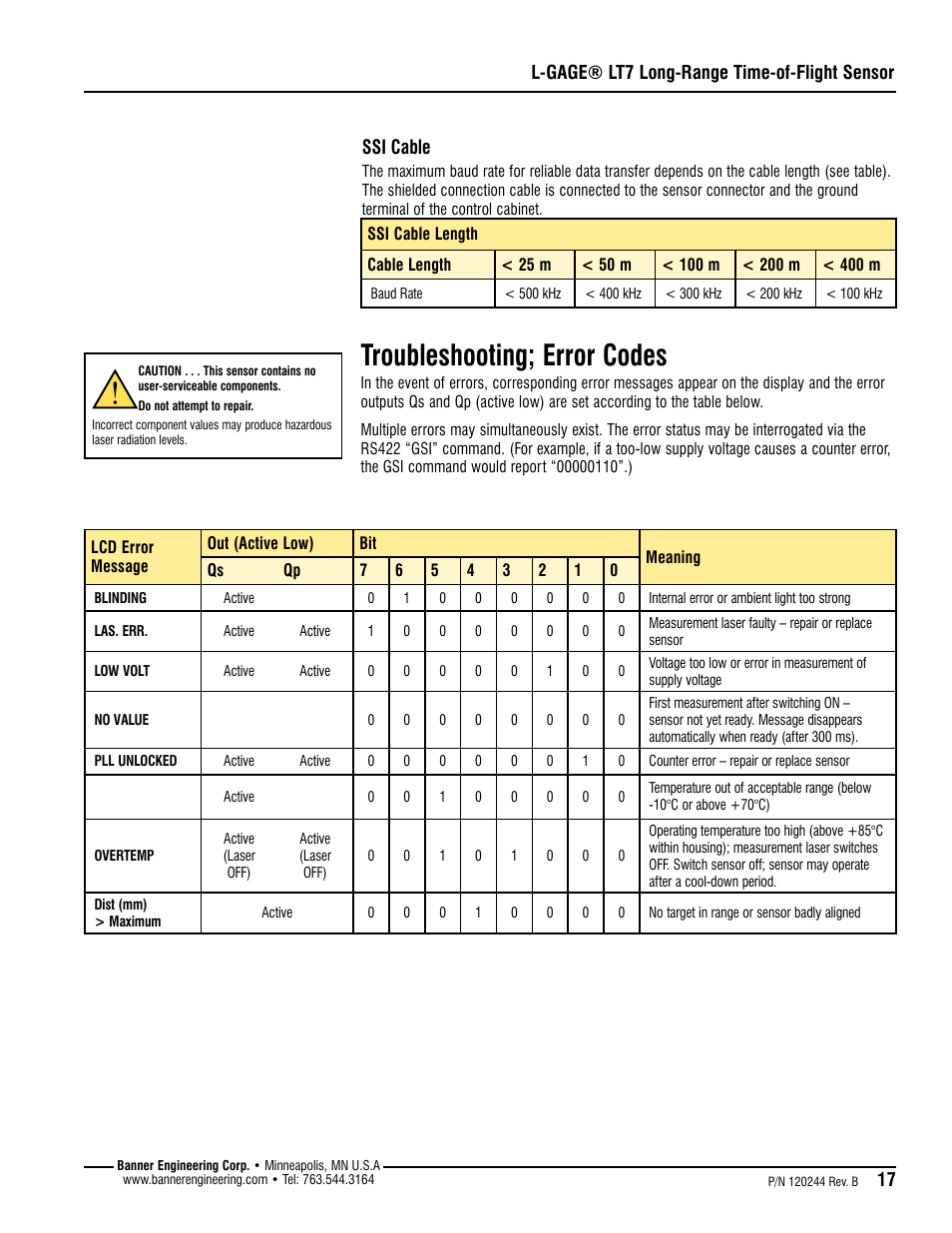 Troubleshooting; error codes, Ssi cable, L-gage® lt7 long-range time-of-flight sensor | Banner L-GAGE LT7 Series User Manual | Page 17 / 24