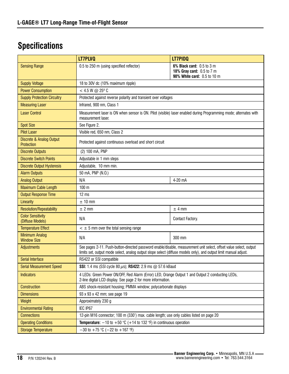Specifications, L-gage® lt7 long-range time-of-flight sensor | Banner L-GAGE LT7 Series User Manual | Page 18 / 24