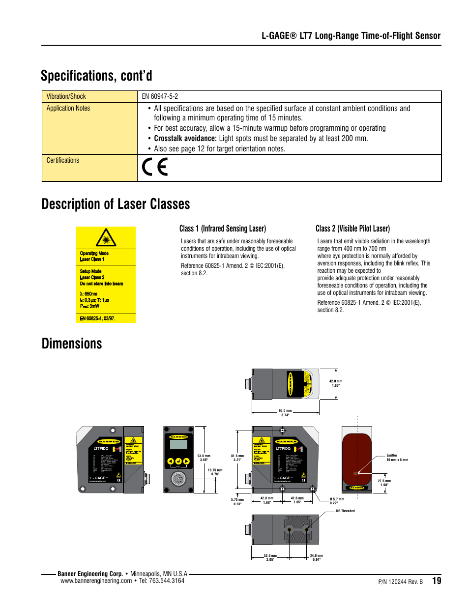 Dimensions, L-gage® lt7 long-range time-of-flight sensor, Class 2 (visible pilot laser) | Class 1 (infrared sensing laser), Certifications | Banner L-GAGE LT7 Series User Manual | Page 19 / 24