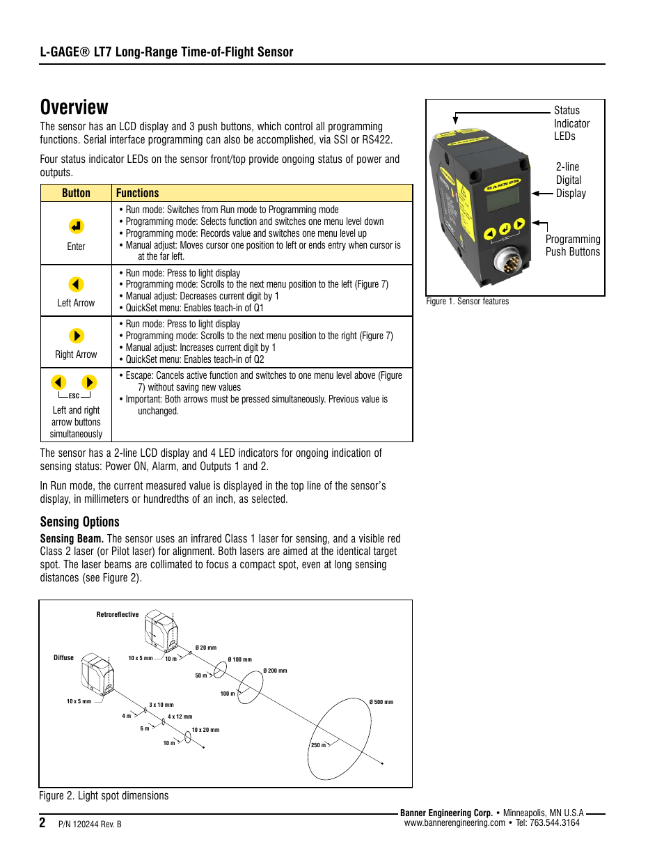 Overview, Sensing options, L-gage® lt7 long-range time-of-flight sensor | Banner L-GAGE LT7 Series User Manual | Page 2 / 24