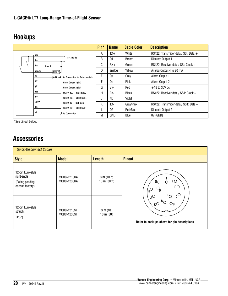 Hookups, Accessories, L-gage® lt7 long-range time-of-flight sensor | Banner L-GAGE LT7 Series User Manual | Page 20 / 24