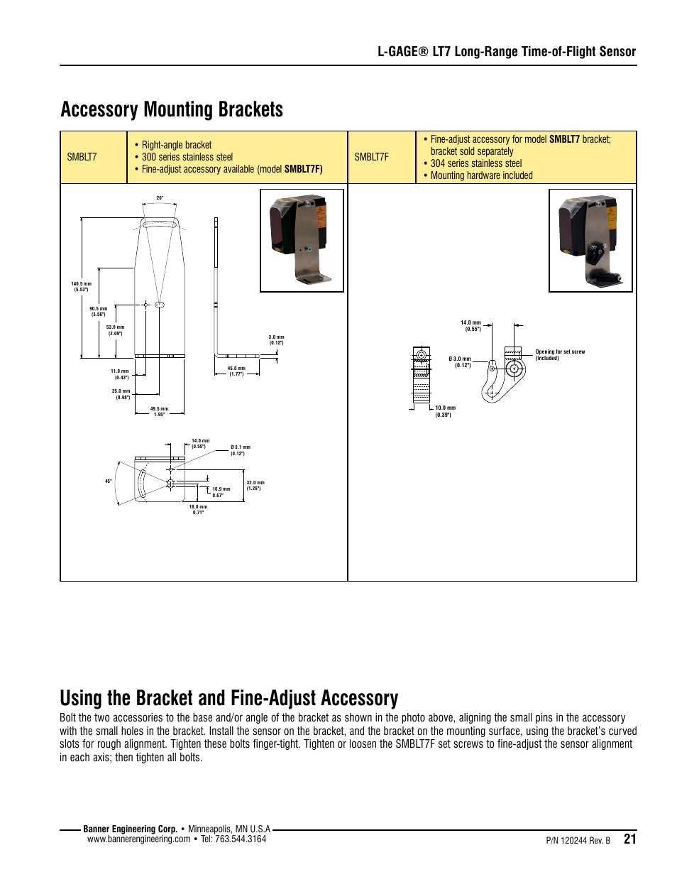 Accessory mounting brackets, Using the bracket and fine-adjust accessory, L-gage® lt7 long-range time-of-flight sensor | Banner L-GAGE LT7 Series User Manual | Page 21 / 24