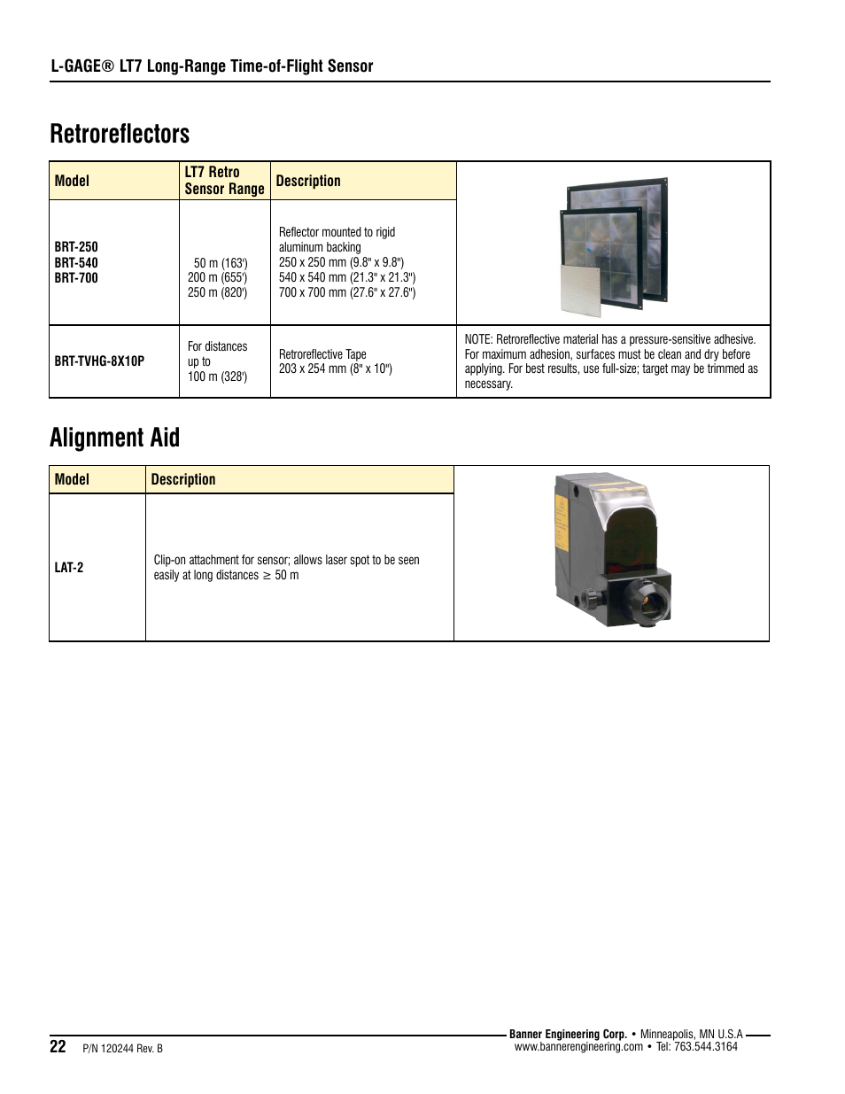 Retroreflectors, Alignment aid | Banner L-GAGE LT7 Series User Manual | Page 22 / 24