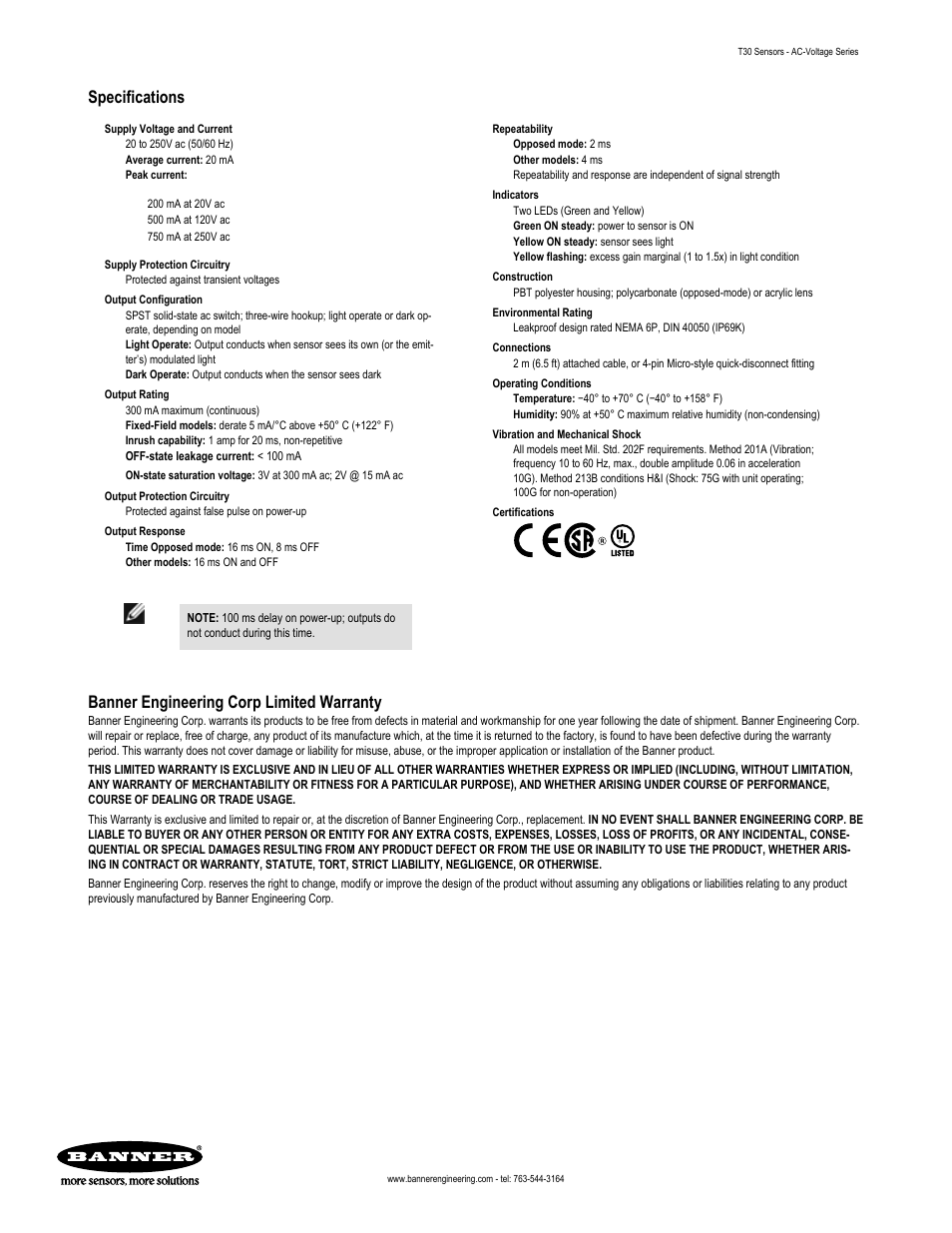 Specifications, Banner engineering corp limited warranty | Banner T30 Series User Manual | Page 2 / 2