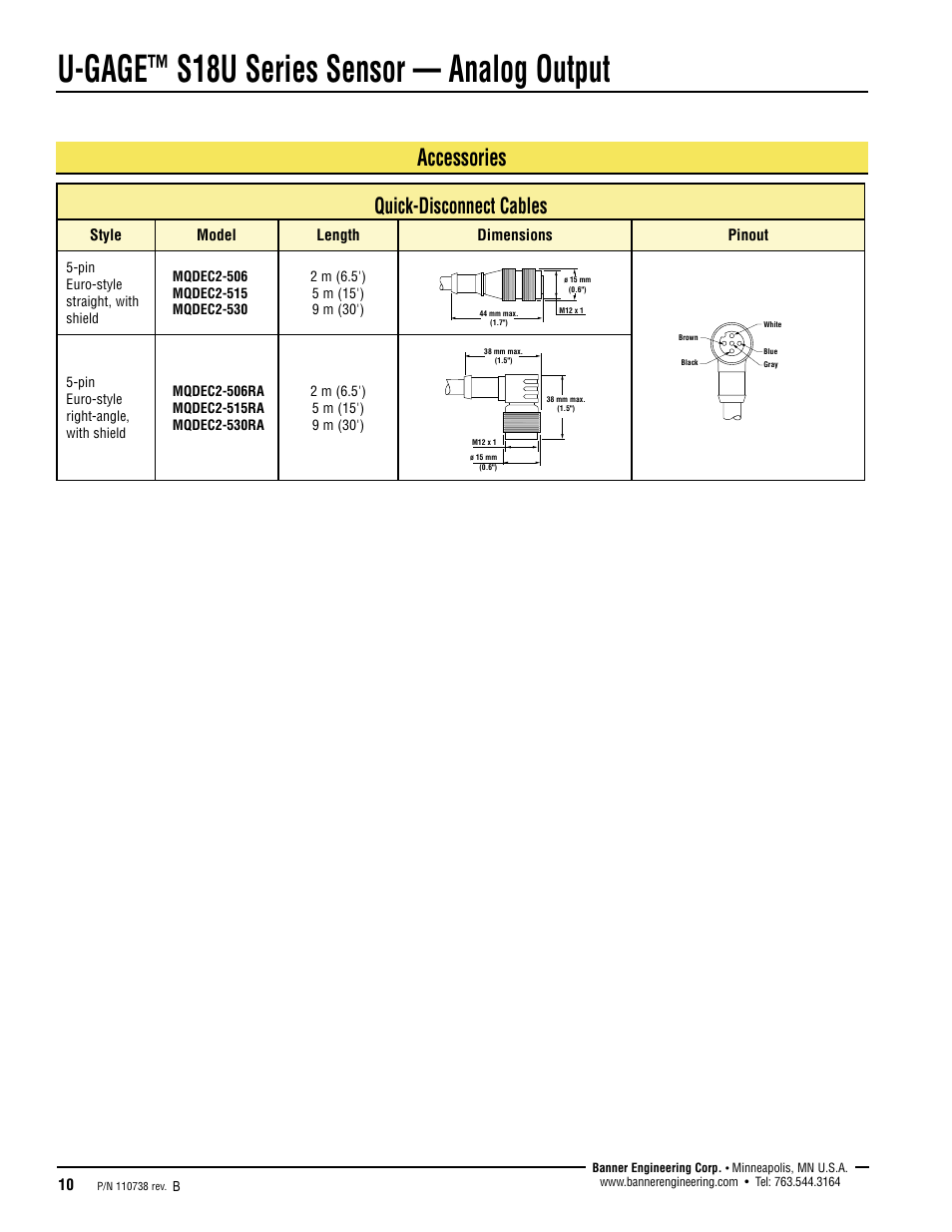 U-gage, S18u series sensor — analog output, Accessories | Quick-disconnect cables | Banner U-GAGE S18U Series—Analog User Manual | Page 10 / 12