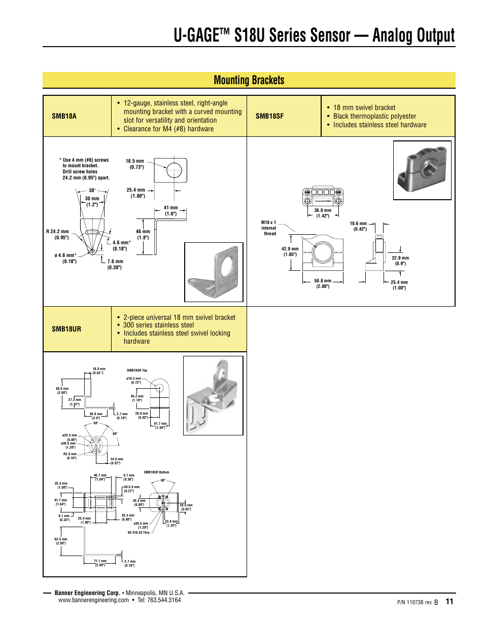 U-gage, S18u series sensor — analog output, Mounting brackets | Banner U-GAGE S18U Series—Analog User Manual | Page 11 / 12