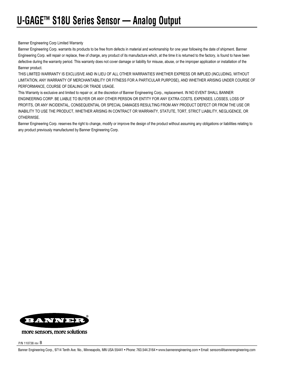 U-gage, S18u series sensor — analog output | Banner U-GAGE S18U Series—Analog User Manual | Page 12 / 12