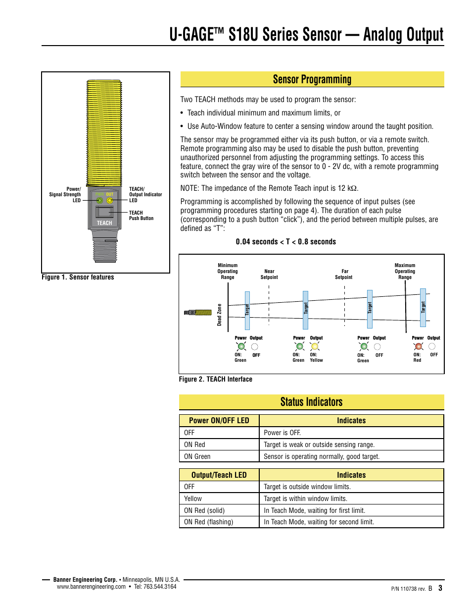 U-gage, S18u series sensor — analog output, Sensor programming | Status indicators | Banner U-GAGE S18U Series—Analog User Manual | Page 3 / 12